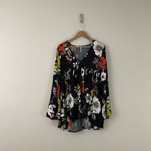Free People Bella Black Floral Bell Sleeve Swing Tunic Mini Dress Size XS